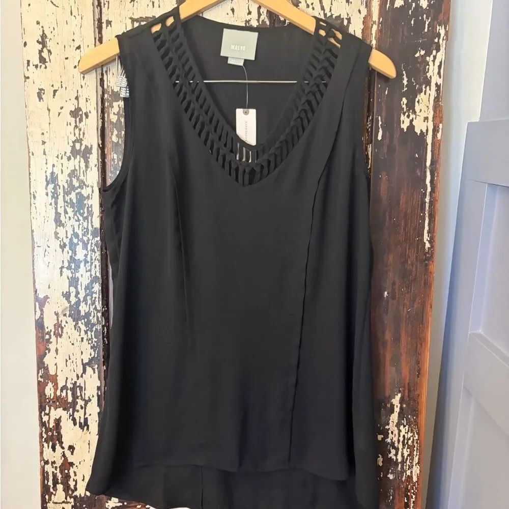 Maeve Anthropologie Black Sleeveless V-Neck Braided Trim Top. NWT. Small